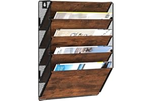 Senhoglb A4 Metall Zeitungshalter Wand, 5-stöckig Netz-Hängeregister, Holz Zeitschriftenständer, Dokumenten Organizer, Wandhalterung Aktenhalter, Prospekthalter Wand für Büro, Antik Braun