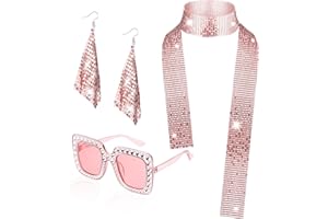 HEAWAA 3 Pièces d'Accessoires de Disco Costume de Disco des Années 1970 Disco Ensemble de Bijoux Pour Femmes 70s Fringes Collier Boucles d’oreilles Lunettes de Soleil Carrées en Strass Fête d'anniversaire