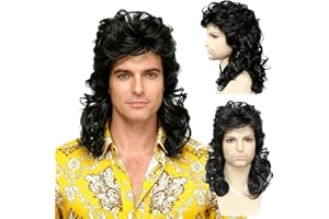 FOUNSHO Negro Peluca Mullet Para Hombre Mujer, 70s 80s Mullet Larga Rizada Peluca Punk Disfraces Carnaval Halloween Carnaval Pelucas de Estrella de Rock Fiesta Accesorios (Negro)