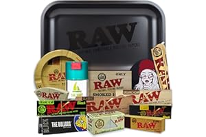 THE BOAT Rolling Tray Raw black 27.5 x 17.5 cm + Airtight Tin + RAW ashtray + Raw papers 1 1/4 Organic, Black, Classic, 5 meters + Bulldog papers + Tips + Raw Cones Kingsize + Stickers – Gift for smokers