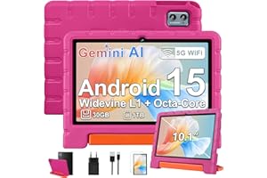 ZIOVO Tablet Bambini 10 Pollici Tablets Android 15, 30GB RAM+64GB ROM(TF 2TB), 5G WiFi Tablets,Gemini AI/Octa-Core/Widevine L1/Face ID/Parentale Controllo/6000 mAh/BT 5.0, Tablet con Eva Caso-Rosa