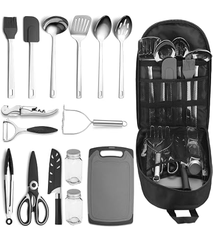 Set De Couverts De Camping 24 Pièces Pour 6 Personnes - Acier Inoxydable, Manches Gris - Dans Panier De Rangement - 2