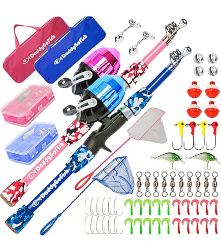 Oystern Kid's Fishing Rod Kit with Spinning Reel - 62 Piece Tackle Bag, 4lb Line - Including Beginner's Guide eBook - Toddler Fishing Pole Combo - Youth Telescopic Portable Rod