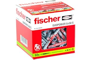 fischer - Cheville bi-matière et multi-matériaux DUOPOWER 6X50 avec vis/Boîte de 50 Gris/Rouge