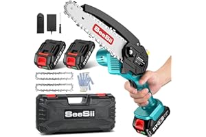 Mini Motosega a Batteria Portatile, Seesii 6 Pollici Sega a Batteria per Potatura con Caricatore, 2 Batterie e Oliatore Automatico, Motosega Elettrica Per il Taglio del Legno e Giardinaggio
