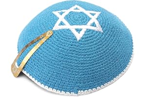 JL KIPPHA'S JL Kippah Coton Broderie Tricoté Turquoise Argent Etoile de David Yarmulke 15cm