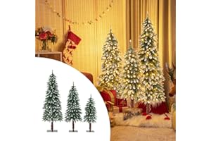 COSTWAY 3-częściowa sztuczna choinka, 90 + 120 + 150 cm, śnieżna choinka z białymi diodami LED, wąska choinka ze śniegiem i metalowym stojakiem, sztuczne drzewko bożonarodzeniowe, igły PCW, zielone