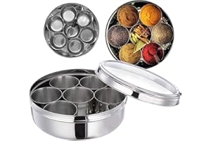 Pick N Save Masala Dabba - Caja de especias india, tapa transparente, 7 compartimentos, lata de acero inoxidable de grado alimenticio, con cuchara para servir gratis (22 cm, tapa transparente)