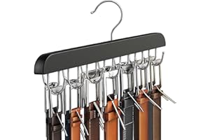 Hoquare Belt Hanger for Closet, Sturdy Wood Belt Rack Closet Accessories with 14 Hooks, Space Saving Rack Belt Display Holder, Belt Organizer Hanging Storage for Tie Belt Scarf, Black
