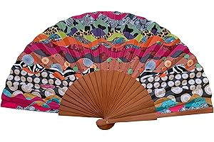 Ventaglio Spagnolo Olas - Legno e Cotone - 23 cm - Custodia in yute natural - Accessorio Moda - Fatto a Mano in Spagna - Eventi e Regali - Collezione Patchwork - Tusitala Barcelona