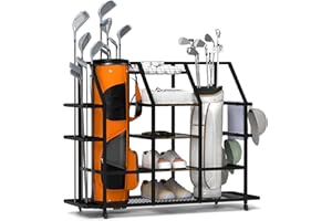 bimiti Golf Storage Rack Extra Large Golf Bags Storage Organizer Golf Club Bag Rack with Wooden Shelf and Lockable Wheels for Garage Indoor Basement