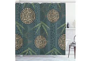 ABAKUHAUS, Bamboo Drukuj, Zasłona prysznicowa, Styl Skład orientalne motywy Liście Eastern Elements, Teal Ivory Tan, 175cm x 180cm