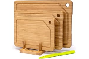 TJ POP Taglieri da Cucina di Bamboo, Set di Taglieri da Cucina in Bamboo (Piccolo, Medio, Grande), con Scanalatura per Succo, per Appendere Tagliere Double-Face, Verdure e Formaggio