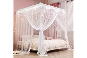 Mengersi Princess 4 Corners Post Bed Curtain Canopy Mosquito Netting (White, Twin)