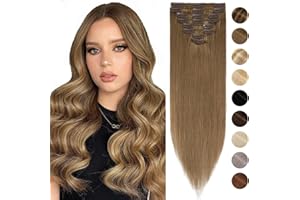 Silk-co Extensiones de Clip de Pelo Natural [8pcs 18 Clips] Cabello Humano 100% Remy Lisas Postizos Pelucas para Mujer Lisos Rectos 45cm(70g) 6# Marrón Claro