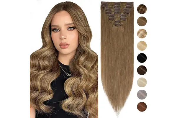 Silk-co Extensiones de Clip de Pelo Humano Hair Extension Peluca Postiza 8 Piezas 18 Clips Cabello Natural Clip in Hair Extensions 100% Human Hair 25cm(50g) 6# Marrón Claro
