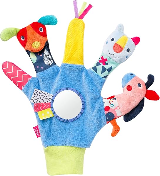 Fehn Spielhandschuh Color Friends – Fingerpuppen Baby Spielzeug Hund, Katze und Pferd zum Greifen & Geräusche erzeugen – Handpuppen für Babys ab 0+ Monaten - Puppenhandschuh mit Rassel & Quietsche - 1