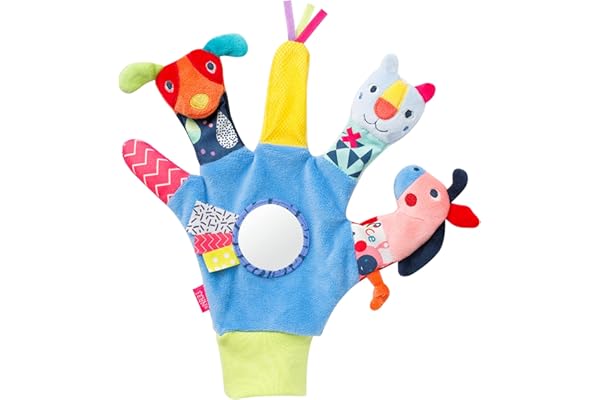 Fehn Gant de jeu Color Friends - Marionnettes à doigts chien, chat et cheval - Jouets sonores pour bébés dès 0+ mois - Gant de poupée avec hochet