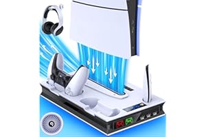 HEYLICOOL PS5/PS5 Pro/PS5 Slim Stand Accessories for PlayStation 5 Disc/Digital with 3 Level Cooling Fan & RGB Light, PS5 Vertical Stand Fast Dual Controller Charging Station with Headset Holder