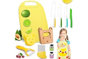 FANTICDE -Ensemble de 13 couteau cuisine enfant,pour couper et cuire des fruits ou légumes pour les tout-petits, coupe-pomme de terre à onde,avec couteau en bois, ensemble tablier enfant