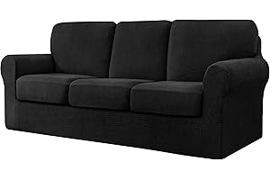 CHUN YI 7 Pieces Stretch Sofa Cover 3 Seater with Three Separate Cushions and Backrests Stylish Jacquard Spandex Fabric Sofa Slipcover for Living Room Furniture Protector(3 Seater，Black)