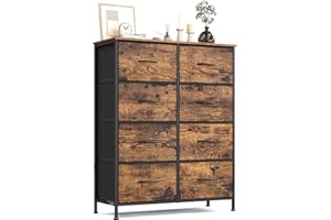 SONGMICS Chest of Drawers, 8 Fabric Drawers Storage Unit, Steel, MDF, Non-Woven Fabric, for Bedroom, Closet, Hallway, Living Room, Rustic Brown and Ink Black LGS124BH04