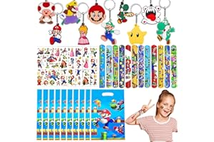 SAIER TBO 40 pezzi Mario Party Bomboniere Set Gadget Compleanno Bambini Festa Kit con Portachiavi A Scatto Sacchetti Regalo Tatuaggio Adesivi per Ragazzi Ragazze