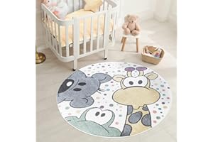 carpet city Tapis pour chambre d'enfant Motif dessin animé Multicolore 120 cm Rond Tapis pour enfant à poils courts avec animaux amusants à pois multicolores Poils doux
