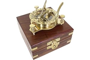 Antik 2000 Bussola nautica funzionale in ottone con orologio da sole, in elegante scatola di legno