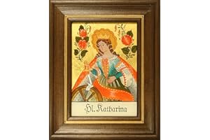 Hinterglaswerkstätten - Hinterglasbild/Patronatsbild Hl. Katharina mit braun gebeizten Holzrahmen, handbemalt mit Legende des Heiligen auf der Bildrückseite, ca. B: 12,5 x H: 16 cm