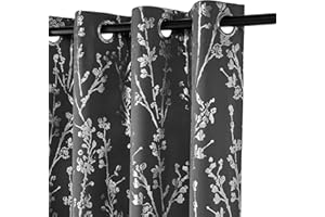 PONY DANCE 100% Grey Blackout Floral Curtains for Living Room 84 inch Drop Eyelet Curtains for Bedroom Tree Branch Foil Silver Thermal Insulated Window Drapes, 2 Panels, 46 x 84 inch