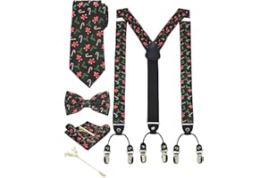 JEMYGINS Bretelle Uomo Natale Regolabili a Forma di Y da 3,5 cm e larghe con 6 Fermagli Robusti in Seta con Cravatta e Papillon Insieme Scatola Inclusa