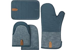 NRAMWELL 4Pcs Oven Mitts and Pot Holders Sets, Extra Long Oven Mitts and Hot Pads Sets, Heat Resistant Oven Gloves with Hot Pads and Mini Oven Mittens for Grilling Kitchen BBQ Cooking Baking Grill (Blue)