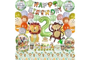 SYLPHLIKEONIRIC Waldtiere Geburtstag Deko 2 Jahre Kinder Junge Mädchen, Dschungel Geburtstag Dekoration Party Set, Safari Geburtstagsdeko Banner Teller Tasse Servietten Tischdecke Stroh(Ballon Geschirr Tiere 2 Jahre)