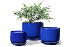 LE TAUCI Doniczki ceramiczne, 11+13+17 cm, zestaw 3 doniczek z otworem odpływowym i spodkiem, doniczka wewnętrzna z podkładką z siatki, prezenty dla mamy, szafirowy niebieski