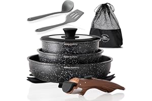 Kitchen Academy Non Stick Pots and Pans Set, Detachable Handle Induction Hob Pans Set,10 Piece Black Granite Cookware Set with Removable Handle Stackable RV Camp Cookware