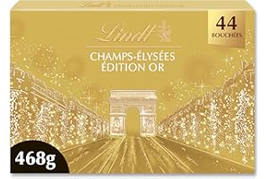 Lindt - Boîte CHAMPS-ÉLYSÉES Édition Or - Assortiment de Chocolats au Lait, Noirs et Blancs - Pralinés, Croustillants et Onctueux - Idéal pour Noël, 468g
