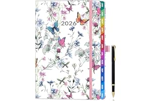 HWXBEN 2026 A5 Week-to-View Diary (Jan 2026 - Dec 2026) – Flowers & Butterflies, Colorful Monthly Tabs, Elastic Pen Holder, 2 Bookmarks, Pen Loop, Inner Pocket