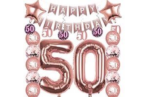Pargleev 50th Birthday Decorations - 16in Number 50 Foil Balloons with Swirls, Banners, Stars and Rose Gold Latex Balloons - 10PCS Confetti