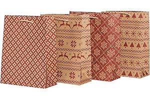 100% Mosel Geschenktüten Weihnachten, in Natur/Rot, 12 Stück (18 x 23 x 8 cm), Weihnachtstaschen aus Kraftpapier, Geschenkverpackung im Skandilook