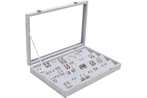 BELLE VOUS Organizador Pendientes Bandeja Expositor de Terciopelo Gris con 40 Ranuras y Tapa - 4 Niveles Organizador Joyero Pendientes Exhibidor con Tapa de Vidrio Transparente Pendiente de Tacha