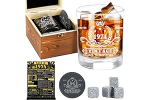 Amosking 50th Birthday Gifts for Men,Vintage 1974 Whiskey Glass Set for Men,Wood Box &1974 Poster Anniversary Card & Coaster &Whiskey Stones,Bday Gifts Ideas for Him, Dad, Husband,Friends
