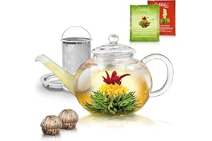Creano Teekanne aus Glas 1,2l - inklusive 2 Teeblumen - Glasteekanne mit Integriertem Edelstahl-Sieb und Glas-Deckel, tropffrei