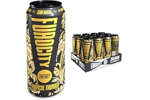 Furocity Sugar Free Energy Drink, Tropical Thunder, 157mg Caffeine, Low Calorie, Zero Sugar, High in Vitamins C, B6, B12, Taurine, Vegan, 12 x 500ml Cans