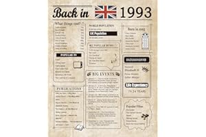 Woaipati Back in 1993 Poster UK Happy 30th Birthday Party Decoration Elegant Gift 30 Years Anniversary Idea Home Decor for Women Men Unframed
