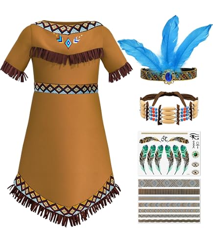 Déguisement Indienne Far West Fille – Robe + Ceinture + Bandeau – Taille 104 Cm (2-3 Ans) – Carnaval Halloween