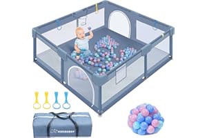 Kidsgigglz Laufstall Baby, Baby laufgitter 130x130x66cm mit Bällen, 300D Oxford Gewebe Schutzgitter Kinder Playpen Kinderzaun mit Tragetasche, Stabile Kinder Gitter Laufstall-Atmungsaktivem Netz, Grau
