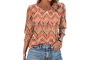 Aokosor Womens 3/4 Sleeve Tops Ladies Blouse Crew Neck Tunic Puff Sleeve T Shirts Curved Hem