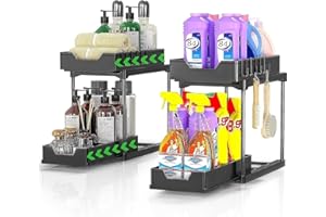 Meltrck 2 Paquete Organizador Cocina 2 Niveles para Debajo del Fregadero - Organizador Extraíble Estante Almacenamiento Debajo Fregadero con 16 Ganchos,Negro