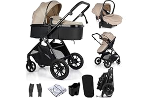 For Your Little One Cruise 3-in-1 Travel System with i-Size Car Seat, Stroller, 13kg Pram, Height Adjustable Handle, Pram, Newborn 0-4 Years Free Raincover and Cupholder (Dune Beige)